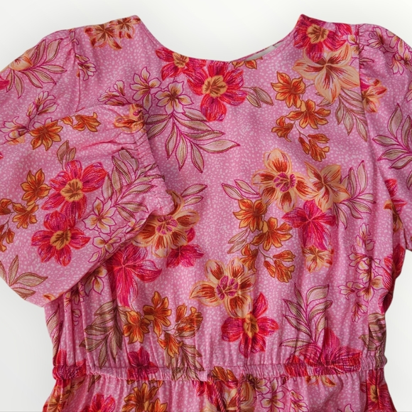 LOFT Floral Print Dress Pink Orange Red M Boho Flowy Lightweight Viscose New - Picture 4 of 9